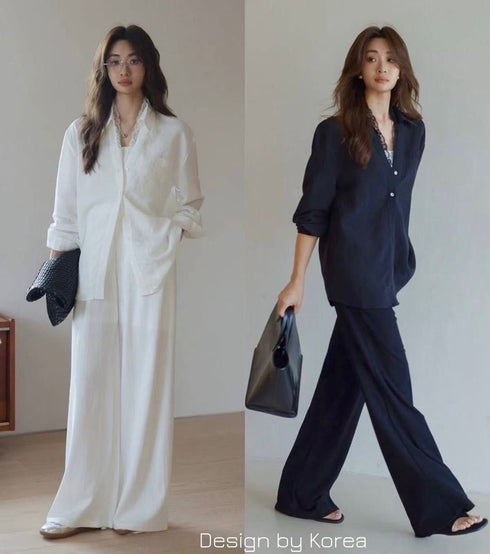 Women Casual Collar Down Lace Decor Shirt With Trouser